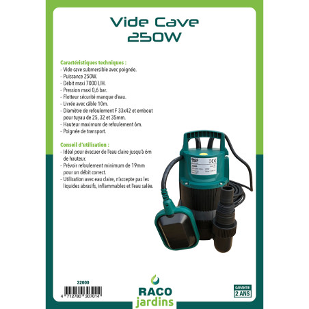 Vide cave plastique 250W eau claire (58003/CP-250)