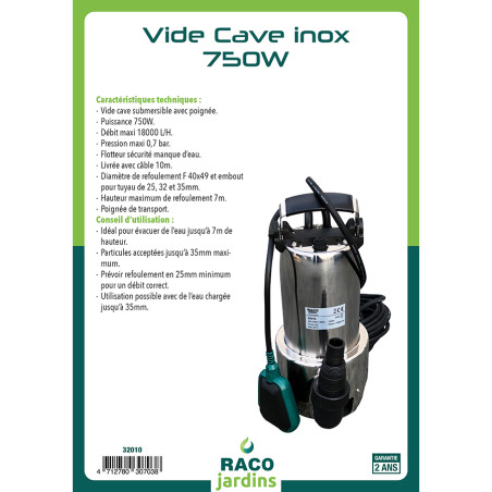 Vide cave inox 750W eau chargée (58016/DP-750)