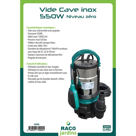 Vide cave inox 550W eau chargée - Niveau zéro